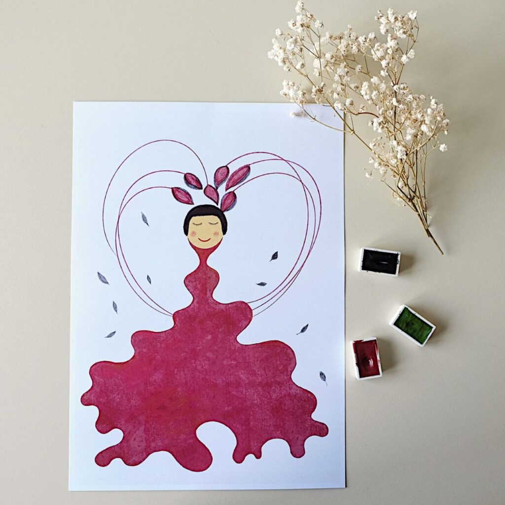 ilustracja plakat harmonia z naturą różowa sukienka magia natury