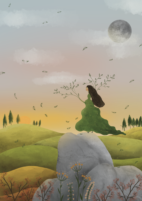 Autorskie plakaty ilustracje dziewczynka w lesie zielony las urocza dziewczynka harmonia natury i człowieka, plakat słów life dla dzieci